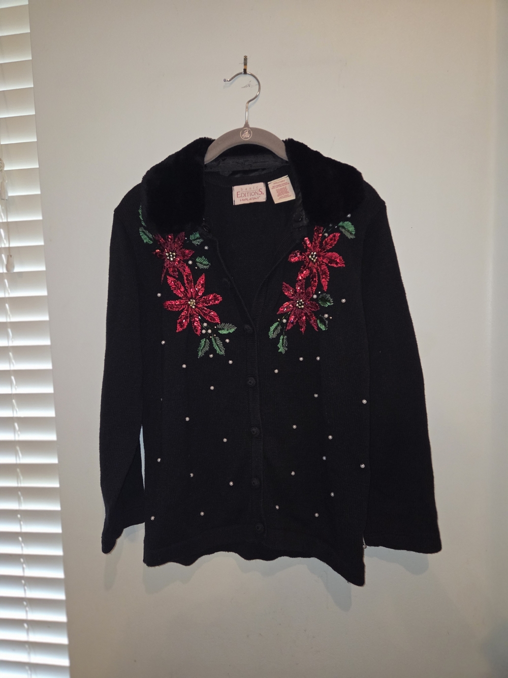 Vintage Basic Editions Christmas Cardigan with Red Poinsettia Embroidery Holiday